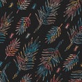 Seamless sketch of jungle leaves print. Vector multi colored illustration on dark background. Original hand-drawn floral pattern.